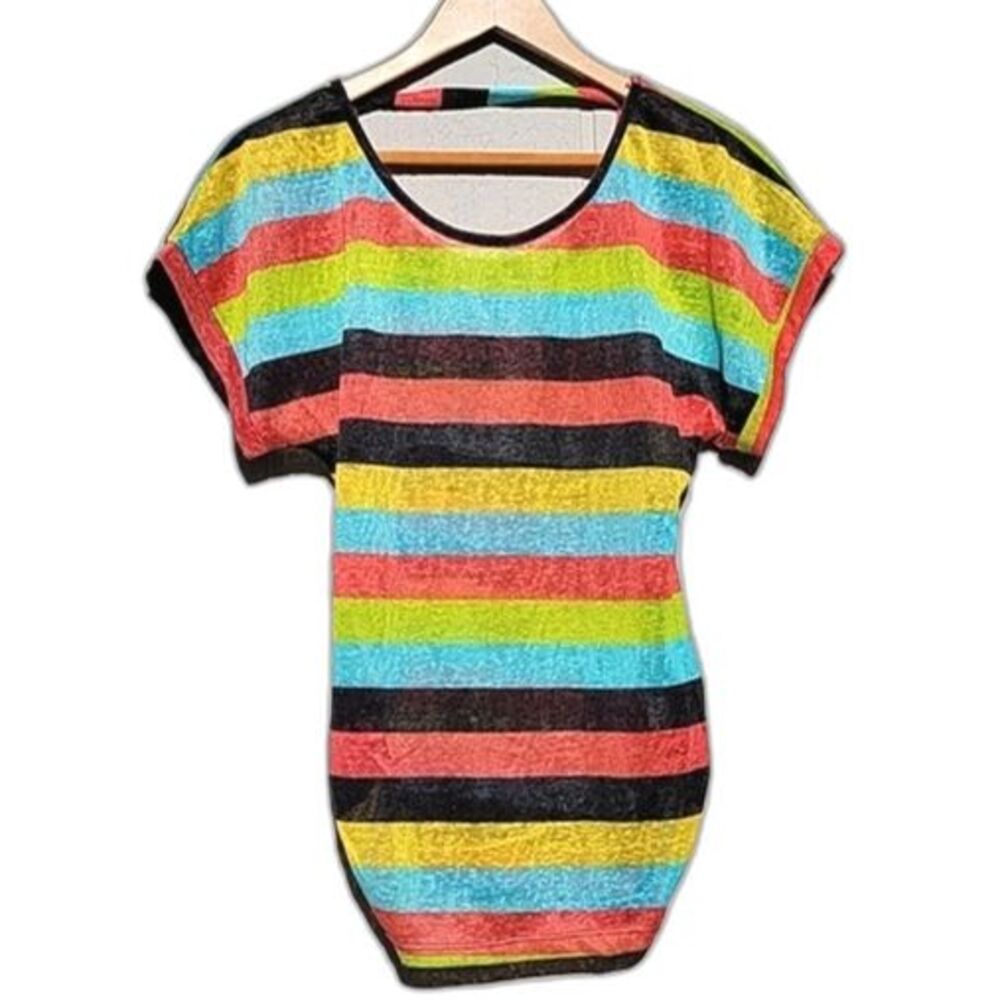 LOVE J U.S.A Bright Multicolored Horizontal Stripes Short Sleeved Shirt size L